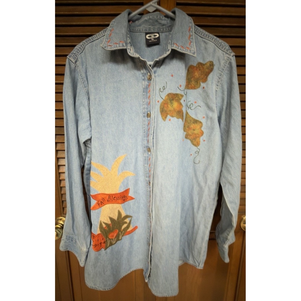Vintage 90s Three Rivers Denim Shirt XL Pumpkin Fall Blessings Embroidered